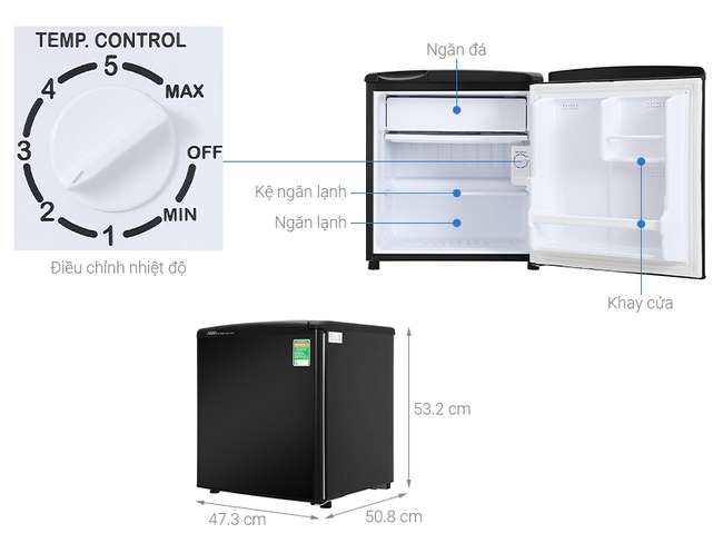 Kích thước tủ lạnh mini Aqua 50 lít AQR-D59FA BS