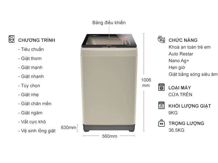 Máy giặt Aqua 9 kg AQW-U91CT (N) Giá Tốt | Nguyễn Kim
