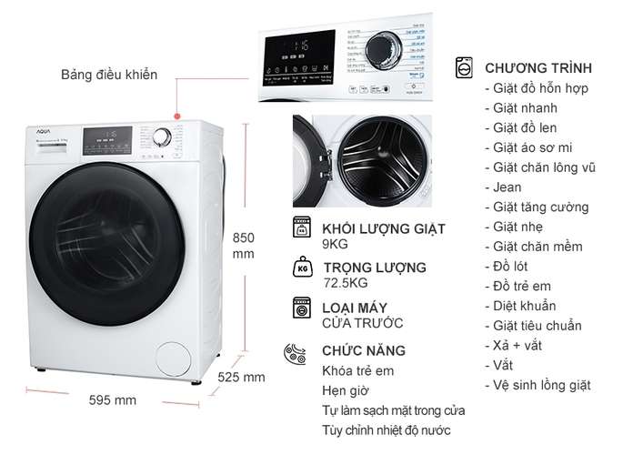 Máy giặt Aqua Inverter 10.5 KG AQW-DR105FT BK, giá rẻ, chính hãng