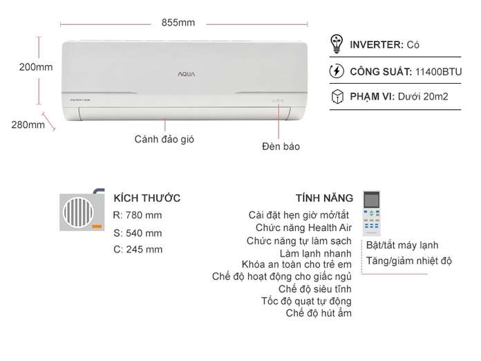 Máy Lạnh - Điều Hòa Aqua Inverter 1.5HP AQA-KCRV12WNM | Nguyễn Kim