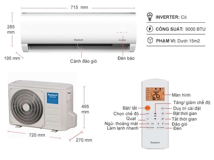 Máy Lạnh Reetech Inverter 1 HP RTV9-BK-BT Chính Hãng | Nguyễn Kim