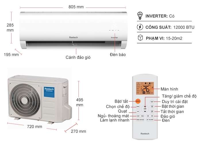 Máy Lạnh Reetech Inverter 1.5 HP RTV12-BK-BT Chính Hãng | Nguyễn Kim