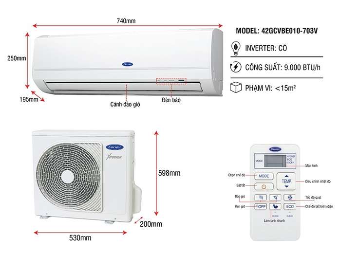 Máy Lạnh Carrier Inverter 1 HP 38GCVBE010-703V/42GCVBE010-703V | Nguyễn Kim