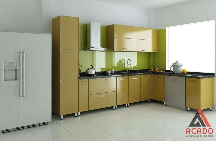 Tủ bếp chữ L thùng Inox cánh acrylic màu xanh úa cho căn bếp có diện tích nhỏ