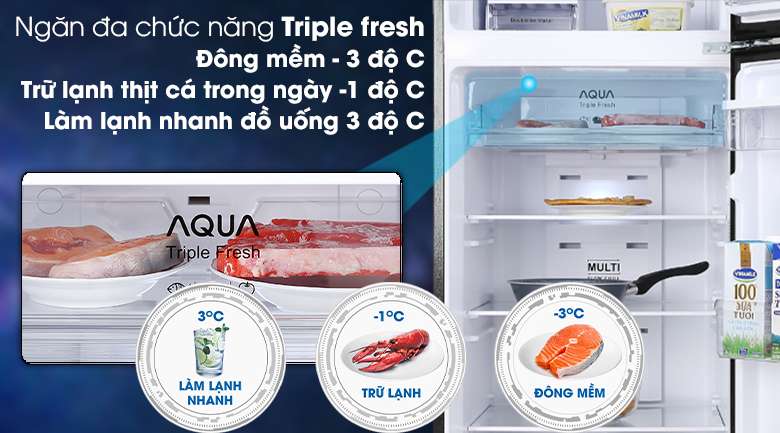 Tủ lạnh Aqua Inverter 344 lít AQR-T389FA(WGB)-Rút ngắn thời gian rã đông, chế biến thực phẩm nhanh nhờ ngăn đông mềm Triple fresh -3°C