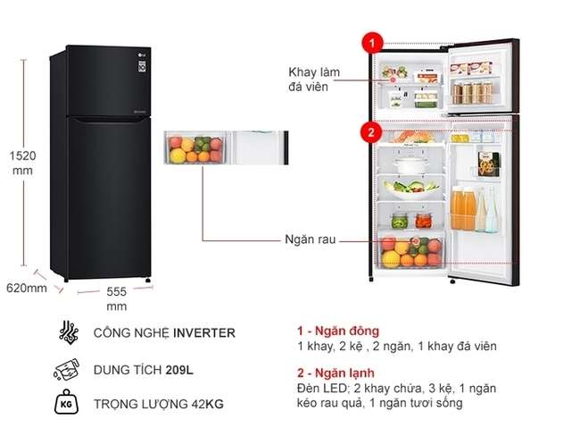 Kích thước tủ lạnh 2 cánh LG Inverter 209 Lít GN-B222WB