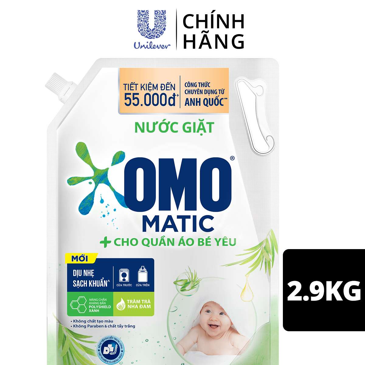 Nước giặt OMO Matic cho quần áo bé yêu, với công thức chuyên dụng cho bé đến từ Anh Quốc, chiết xuất tràm trà và nha đam, túi 2.9kg