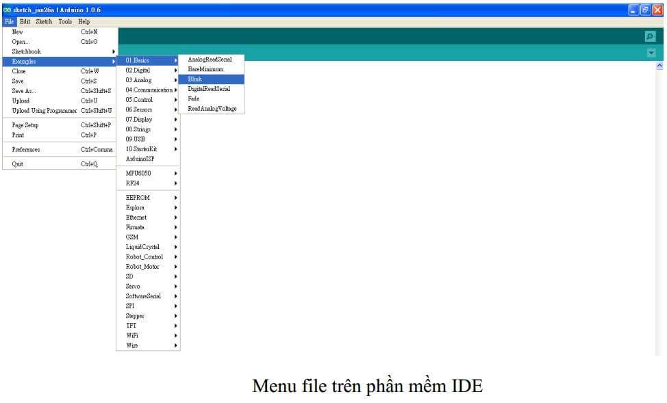 Menu file trên phần mềm IDE