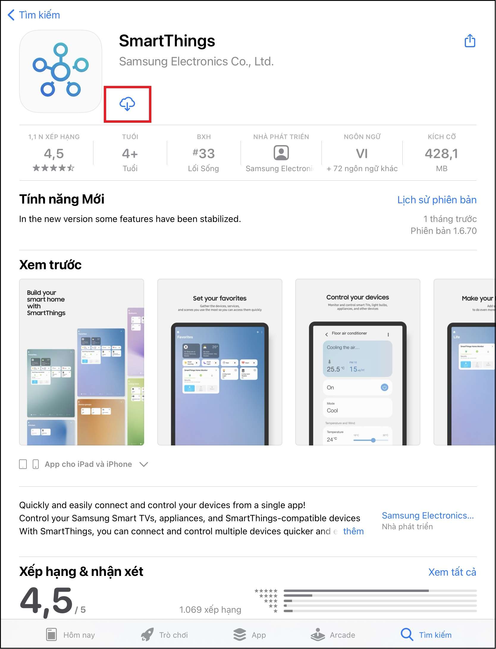 Bạn vào Appstore và tải ứng dụng SmartThings phiên bản mới nhất về máy của mình.