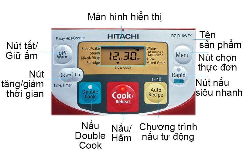 Nồi cơm điện tử Hitachi 1.8 lít RZ-D18WFY (RE) với bảng điều khiển thân thiện với người dùng