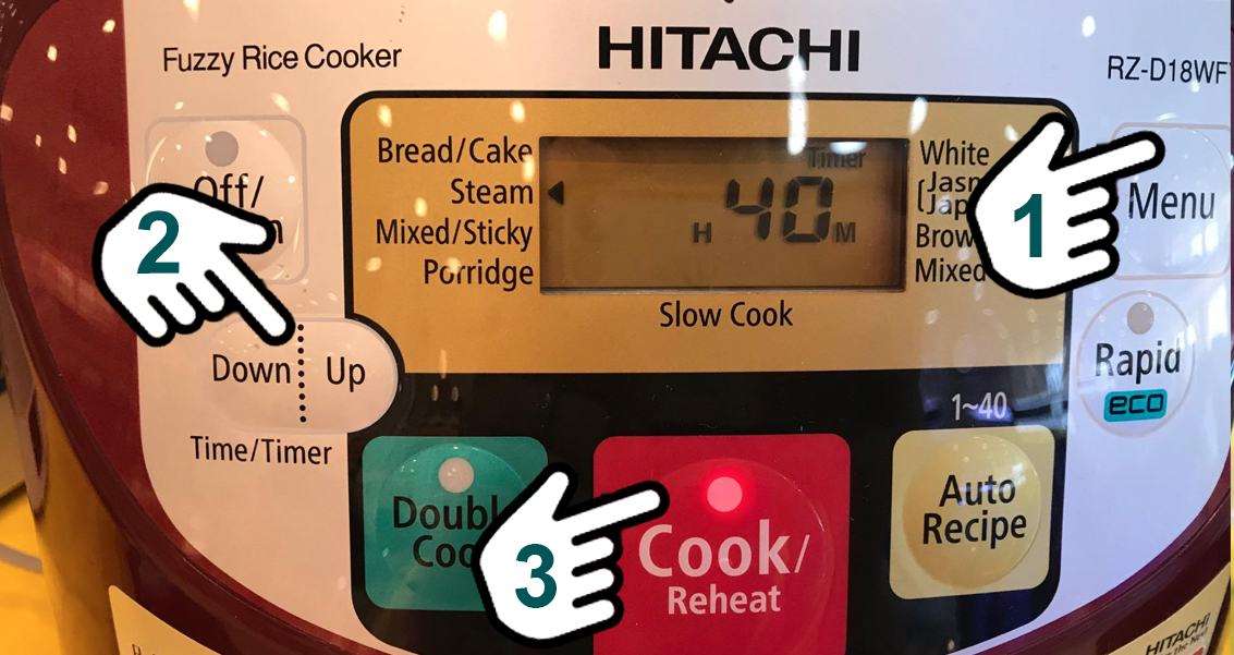 Bấm menu, chọn thời gian và bấm cook để đưa nồi cơm điện tử Hitachi 1.8L RZ-D18WFY (RE) sang chế độ hầm.