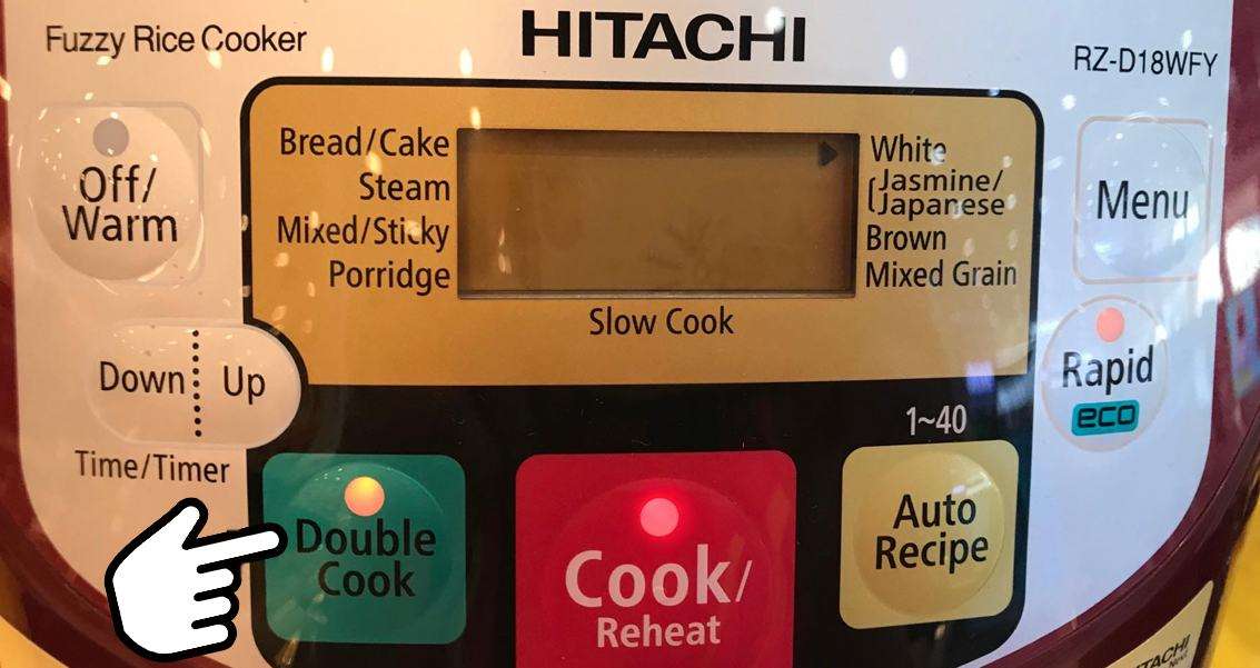 Chỉ cần nhấn Double Cook là bạn có thể nấu cơm, nấu chín thức ăn với nồi cơm điện tử Hitachi 1.8L RZ-D18WFY (RE).