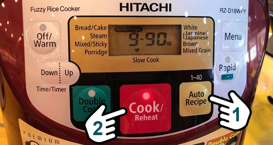 Chỉ cần nhấn Auto Recipe and Cook.  Nồi cơm điện 1.8 lít Hitachi RZ-D18WFY (RE) bắt đầu sôi. 