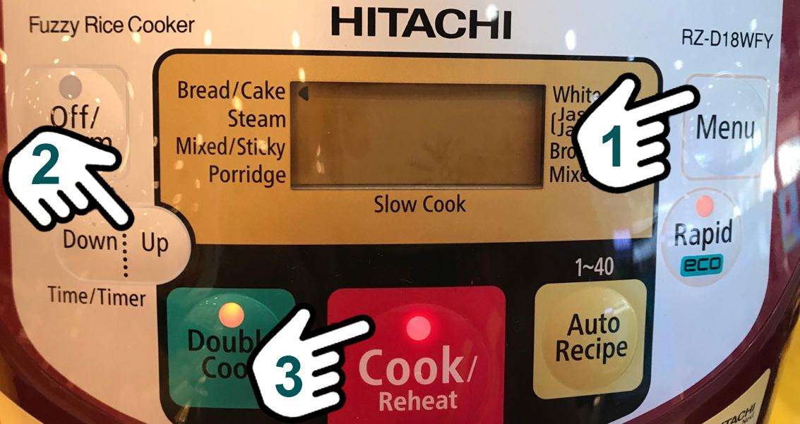 Nhấn menu, chọn thời gian và nhấn nấu để nồi cơm điện tử Hitachi 1.8L RZ-D18WFY (RE) chuyển sang chế độ nướng