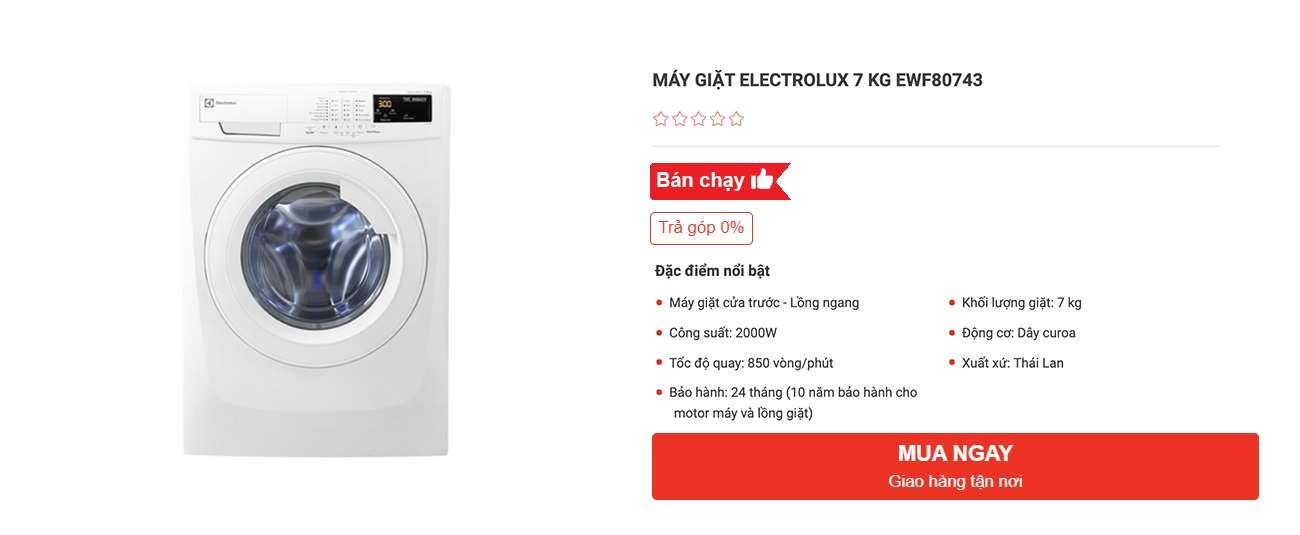 Máy giặt Electrolux 7kg EWF80743 giá rẻ tại Nguyễn Kim