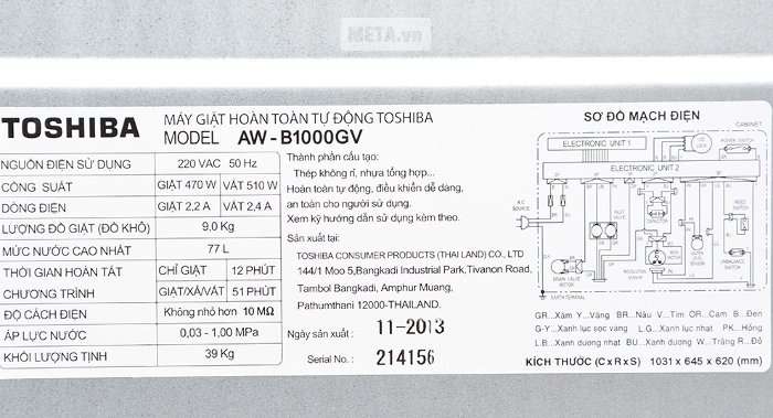 Bảng thông số phía sau máy giặt.
