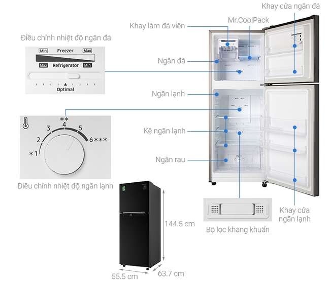 Kích thước tủ lạnh 2 cánh Samsung Inverter 208 lít RT20HAR8DBU 