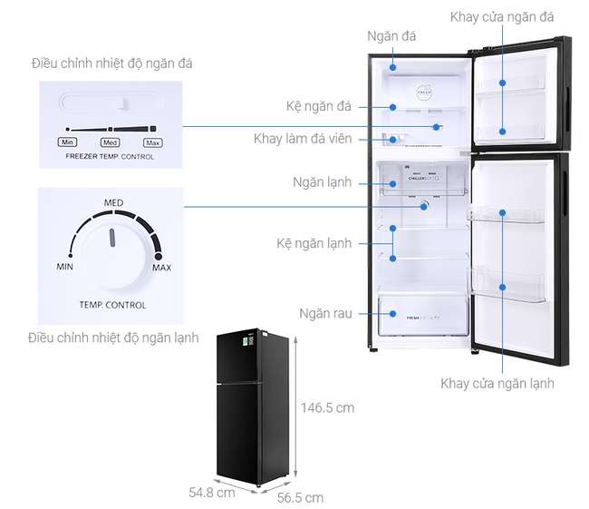 Kích thước tủ lạnh 2 cánh Aqua Inverter 211 lít AQR-T238FA(FB)