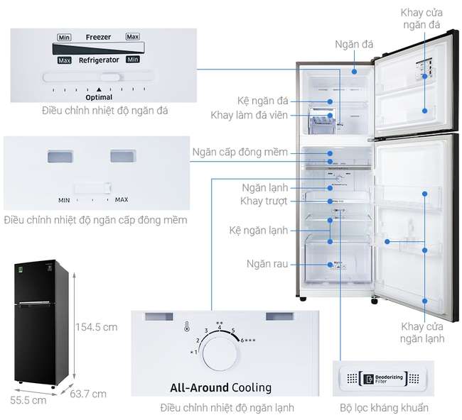 Kích thước tủ lạnh 2 cánh Samsung Inverter 236 lít RT22M4032BU 
