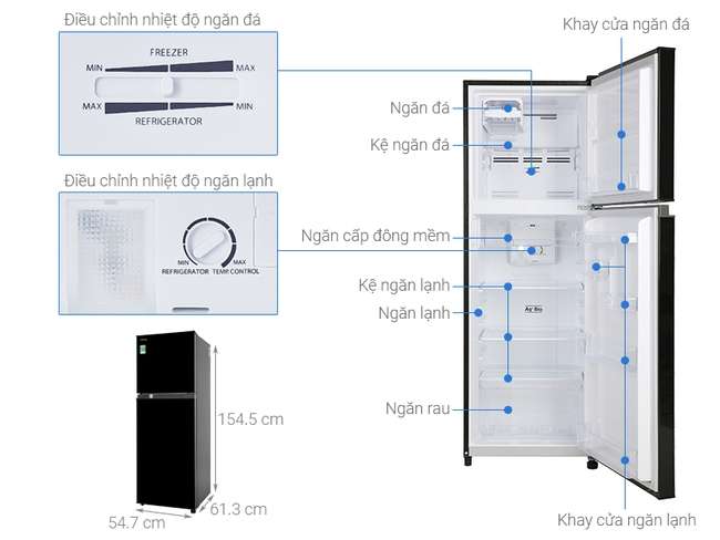 Kích thước tủ lạnh 2 cánh Toshiba Inverter 233 lít GR-A28VM(UKG1)