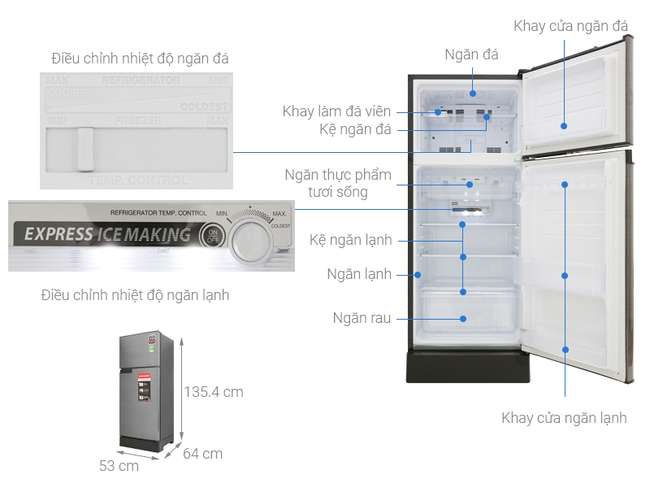 Kích thước tủ lạnh 2 cánh Sharp Inverter 165 lít SJ-X196E-DSS 