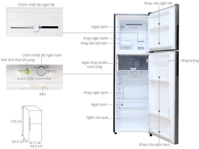 Kích thước tủ lạnh 2 cánh Sharp Inverter 253 lít SJ-X281E-SL