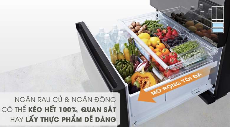 Ngăn rau củ và ngăn đông có thể kéo ra 100% - Tủ lạnh Panasonic Inverter 589 lít NR-F603GT-X2