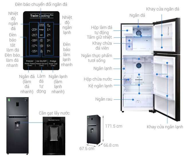 Kích thước tủ lạnh 2 cánh Samsung Inverter 360 lít RT35K5982BS  