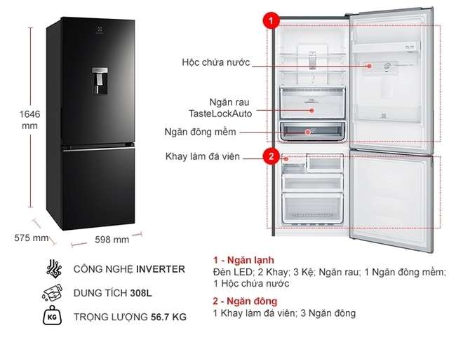 Kích thước tủ lạnh 2 cánh Electrolux Inverter 308 lít EBB3462K-H