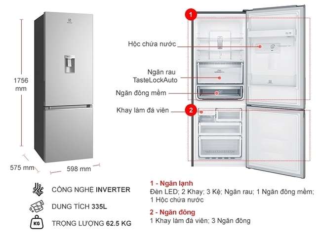 Kích thước tủ lạnh 2 cánh Electrolux Inverter 335 lít EBB3742K-A