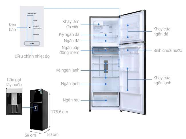 Kích thước tủ lạnh 2 cánh Electrolux Inverter 341 lít ETB3740K-H