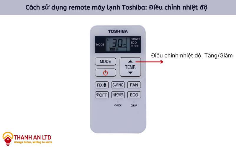 Cách sử dụng remote máy lạnh Toshiba:Điều chỉnh nhiệt độ