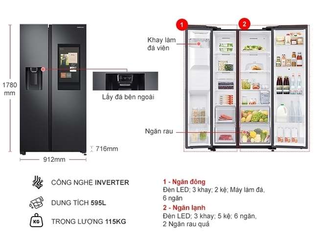 Kích thước tủ lạnh side by side Samsung Inverter 595 lít RS64T5F01B4/SV 