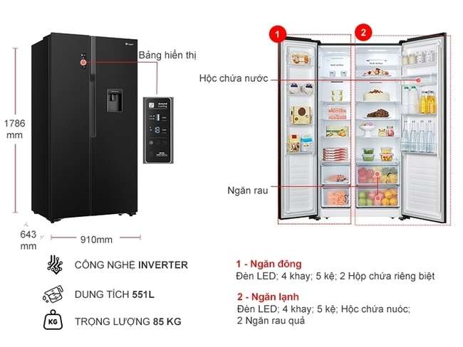 Kích thước tủ lạnh side by side Casper Inverter 551 lít RS-575VBW 