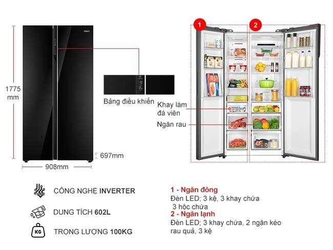 Kích thước tủ lạnh side by side AQUA Inverter 602 Lít AQR-IG696FS (GB)