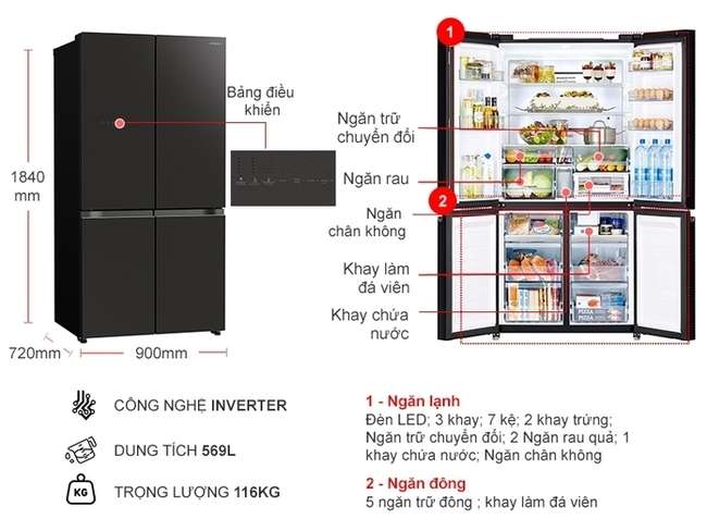 Kích thước tủ lạnh side by side Hitachi Inverter 569 lít R-WB640VGV0 (GMG)