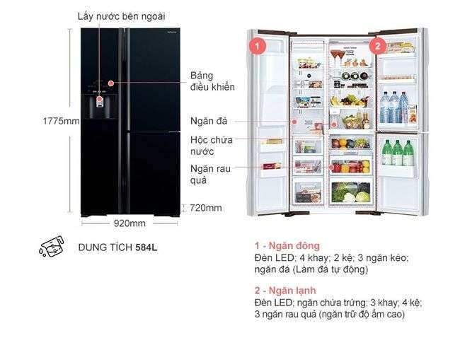 Kích thước tủ lạnh side by side Hitachi Inverter 584 lít R-FM800GPGV2 (GBK)