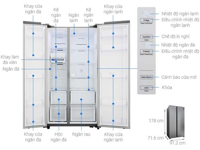 Kích thước tủ lạnh side by side Samsung Inverter 680 lít RS62R5001M9 