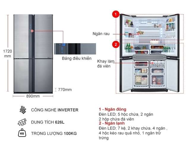 Kích thước tủ lạnh side by side Sharp Inverter 556 lít SJ-FX631V-SL 