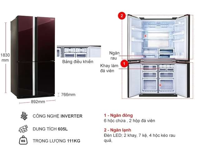 Kích thước tủ lạnh side by side Sharp Inverter 605 lít SJ-FX688VG-RD