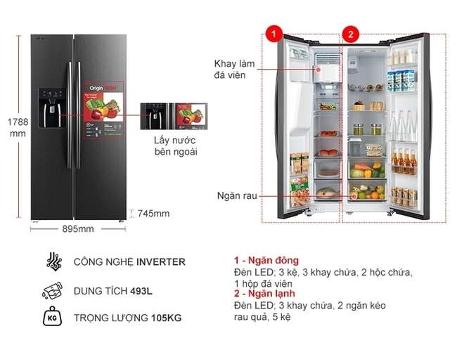 Kích thước tủ lạnh side by side Toshiba Inverter 493 Lít GR-RS637WE-PMV(06)