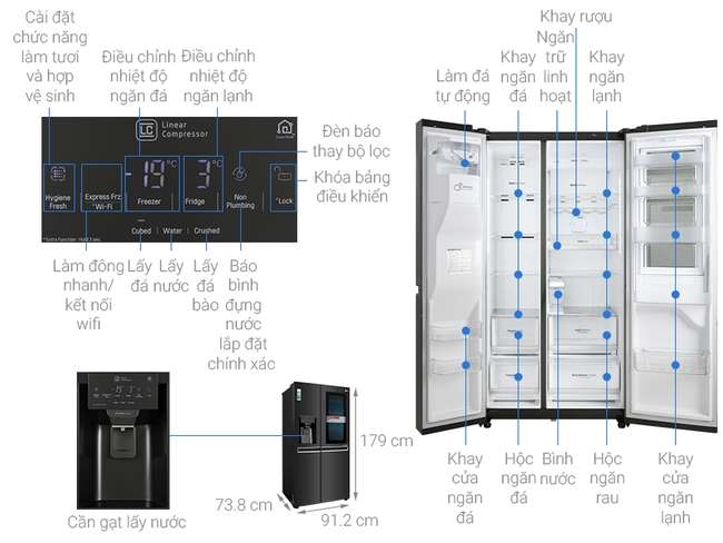 Kích thước tủ lạnh side by side LG Inverter 601 lít GR-X247MC