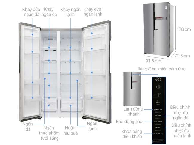 Kích thước tủ lạnh side by side LG Inverter 613 lít GR-B247JDS