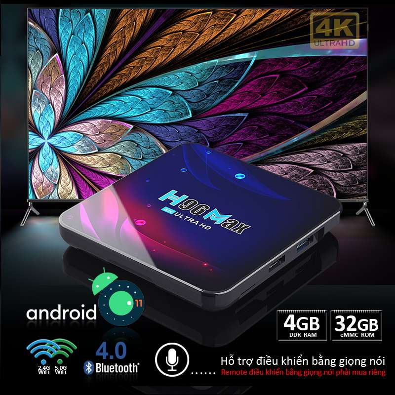 Tivi Box Ram 4G bộ nhớ 32G hỗ trợ Bluetooth 4.0 wifi kép android tv box sử dụng android 11.0 mới nhất hiện nay video 4K chân thực sắc nét bảo hành 12 tháng H96MAX tv box