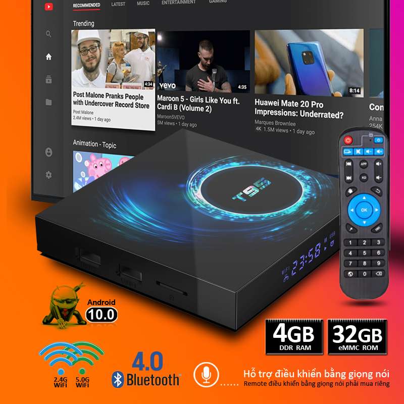 Android TV Box RAM 4G ROM 32G wifi bằng tần kép mạnh mẽ tv box android 10.0 bluetooth 5.0 đa năng mang lại nhiều khung giờ giải trí cùng gia đình bảo hành 12 tháng tivi box