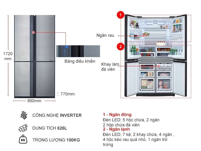 Thông số kỹ thuật Tủ lạnh Sharp Inverter 556 lít (SJ-FX631V-SL) (4 cánh)