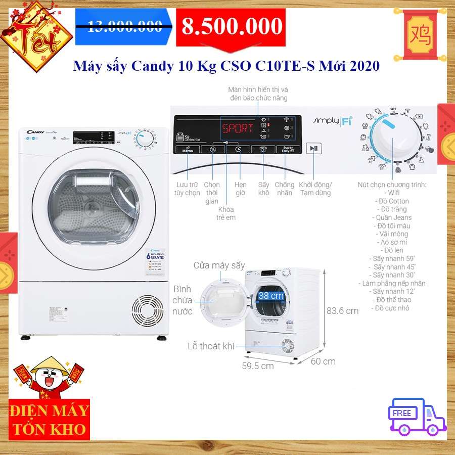Máy Giặt Candy 8 kg HCS1282D3Q/1-S | Nguyễn Kim