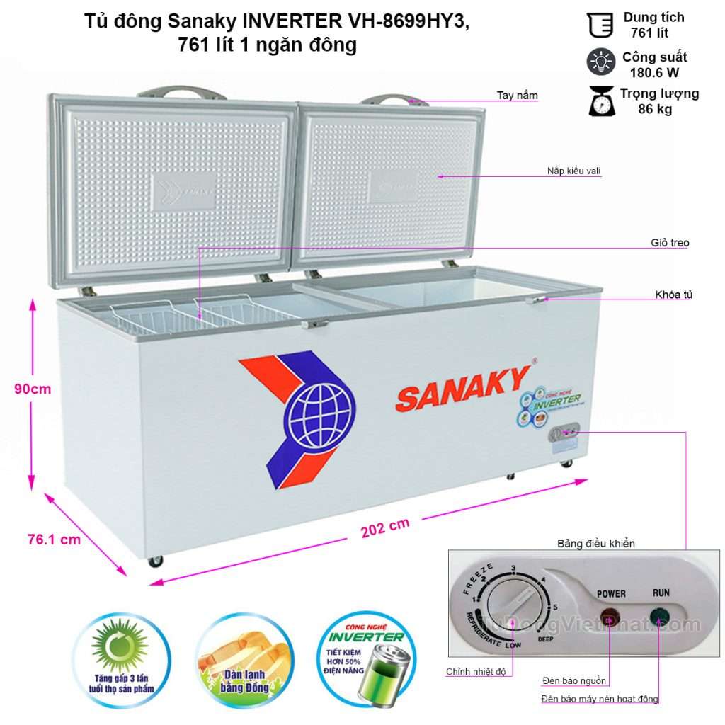 Tủ đông Sanaky VH-8699HY3 Inverter 761 lít , 1 ngăn đông Giá rẻ 9/2021