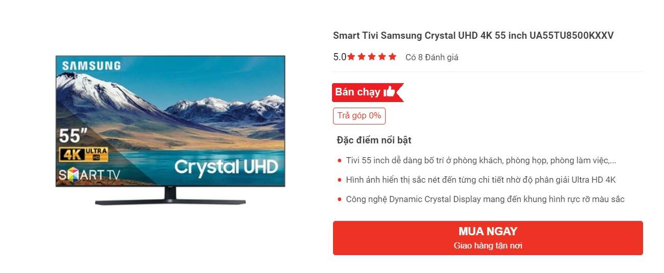 Smart Tivi Samsung 55 inch UA55TU8500KXXV độ phân giải 4K