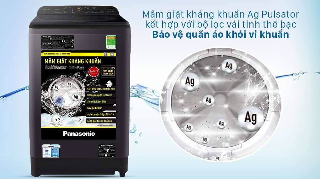 Máy giặt Panasonic 8.5 Kg NA-F85A9BRV - Mâm giặt kháng khuẩn Ag Pulsator kết hợp với bộ lọc vải tinh thể bạc kích thước lớn Big Ag Lint Filter giúp bảo vệ quần áo khỏi vi khuẩn